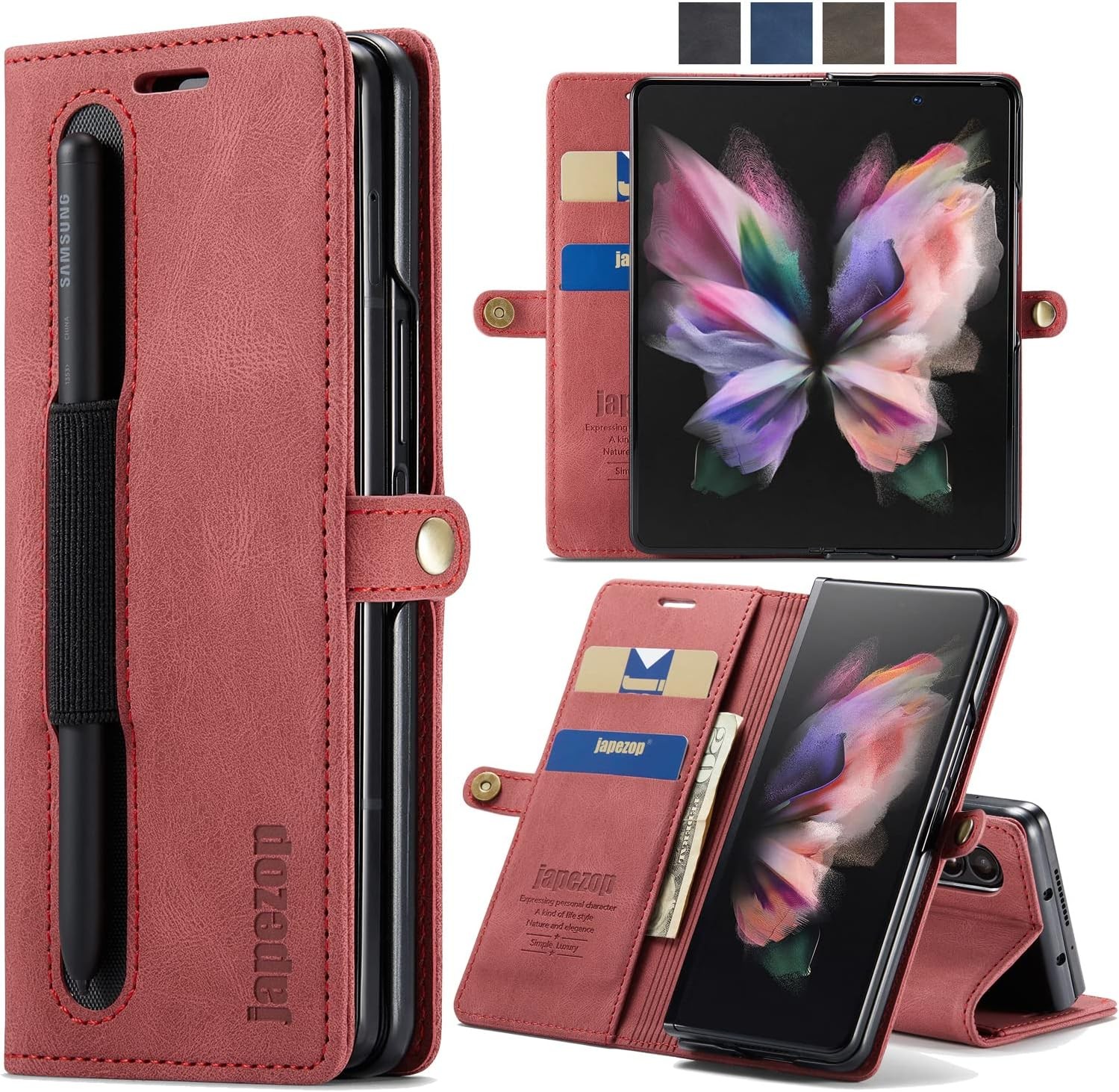 Leather Flip Case Wallet for Samsung Galaxy Z Fold 3 5G, Card Slots, RFID Blocki