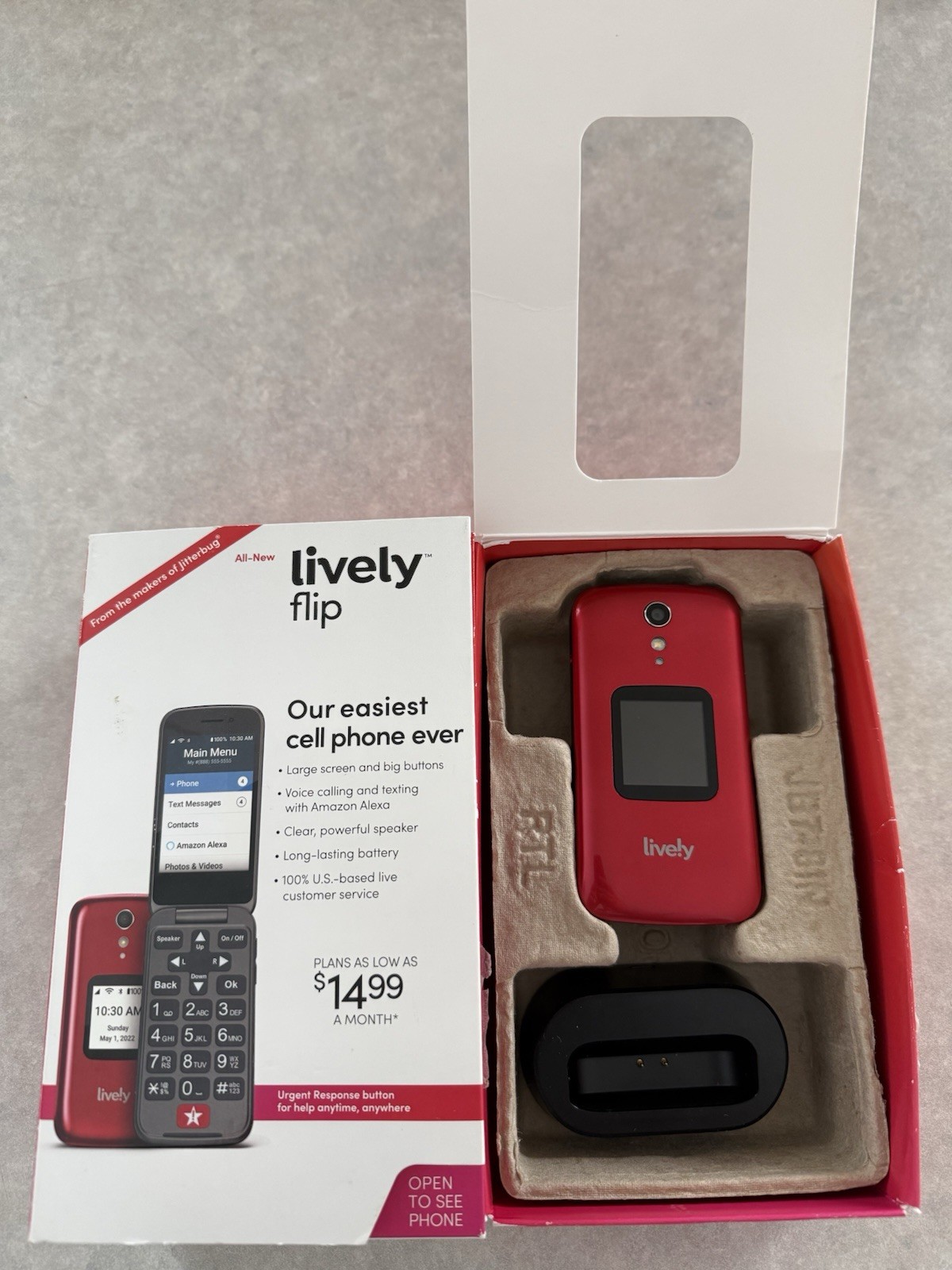 Lively Alcatel Jitterbug Flip 2 Cell Phone for Seniors 4053S No Power Cord