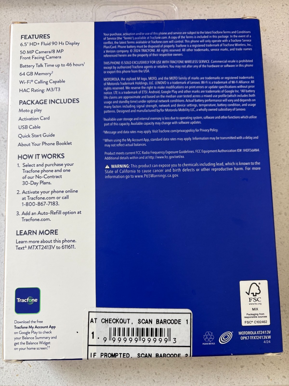 New in box Motorola Moto G Play 2024 64GB 6.5″ Display TracFone Locked