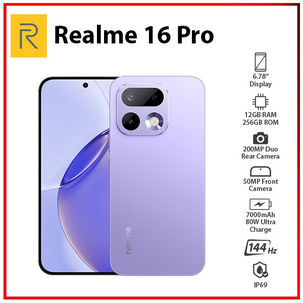 (New) Realme 16 Pro 5G 12GB+256GB PURPLE Dual SIM Global Ver. Android Cell Phone
