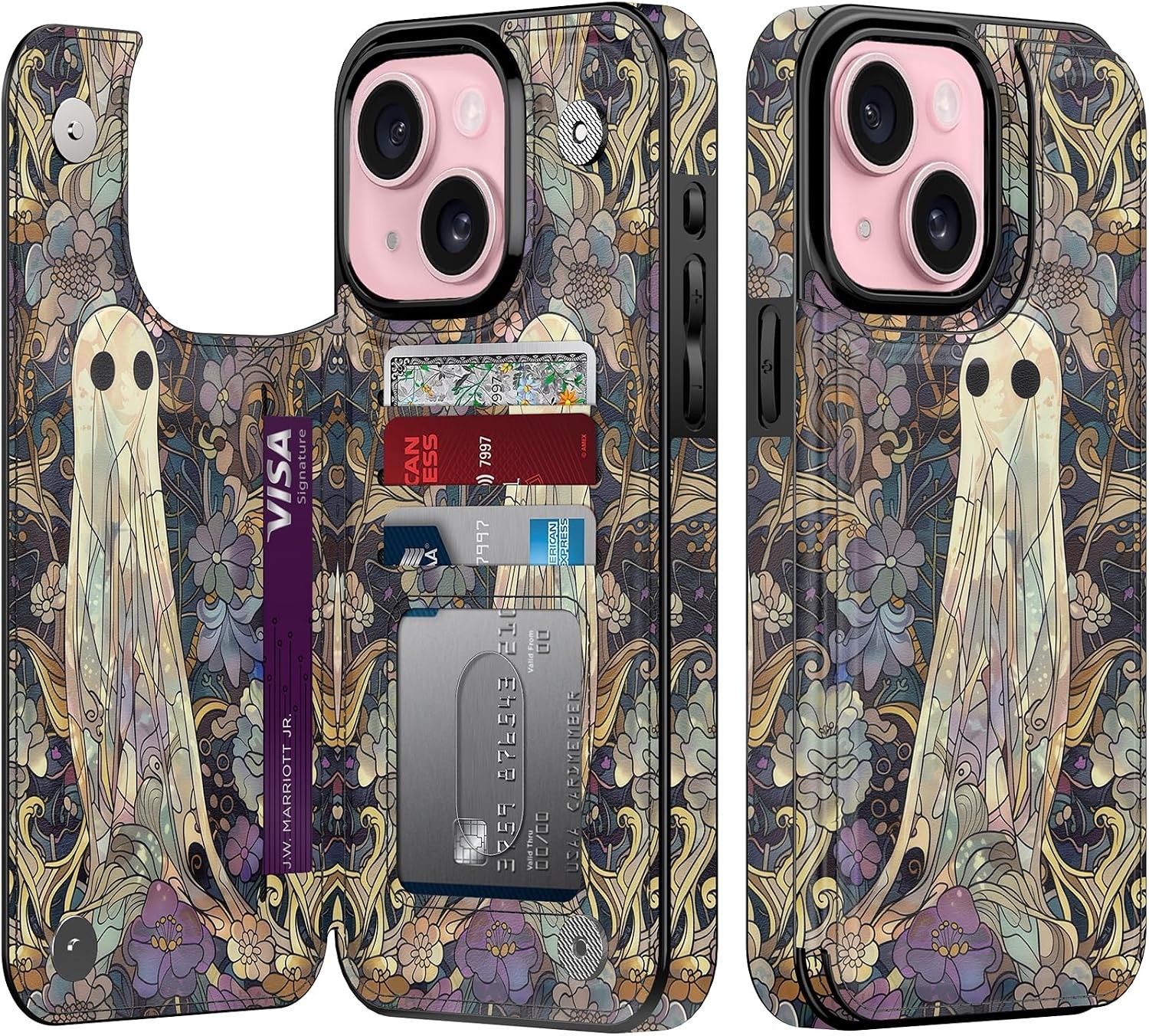 iPhone 15 Plus Wallet Case with Card Holder, Aesthetic Floral | RFID-Blocking, V