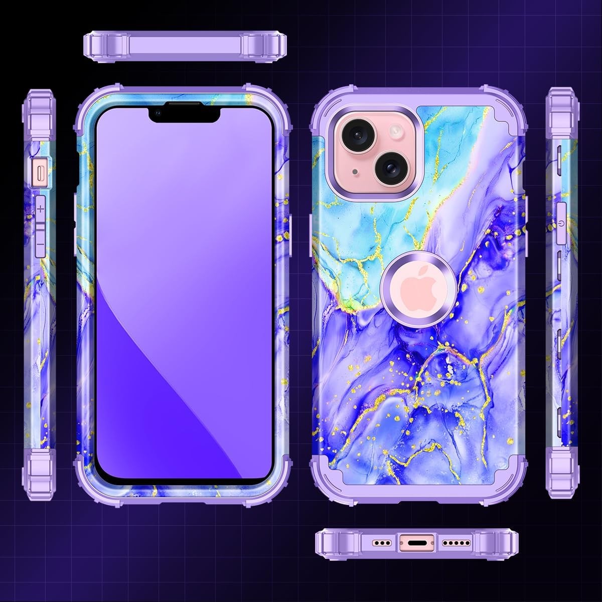 Cobalt Violet iPhone 15 Plus Case, Rugged Three Layer Shockproof Heavy Duty Prot
