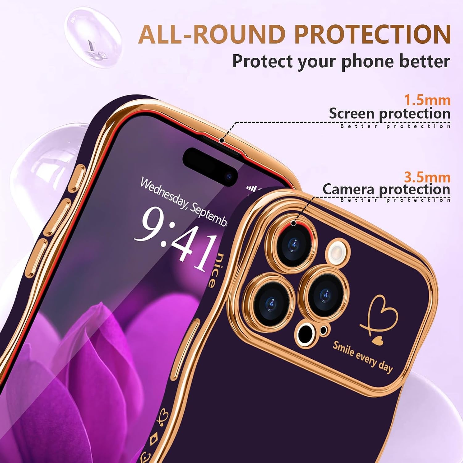 Cute Dark Purple iPhone 15 Pro Max Case for Girls, Wave Frame Curly Shape Design