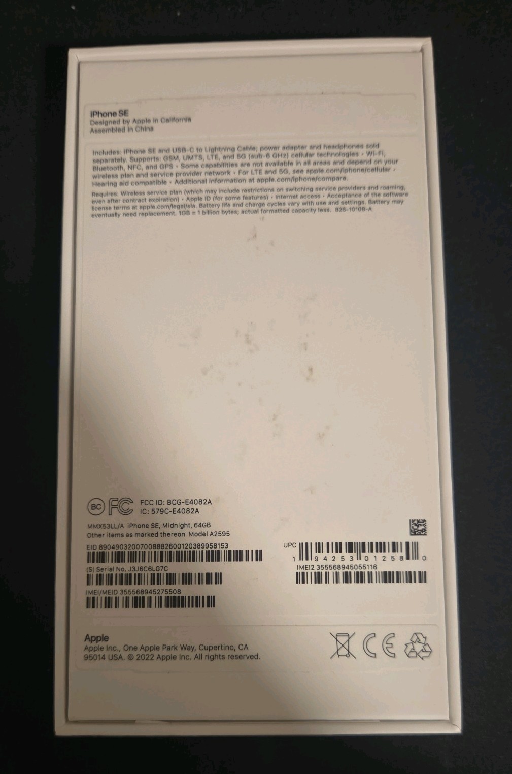Apple iPhone SE (3rd Generation, 2022) Midnight Black, 64GB, Unlocked, MMX53LL/A