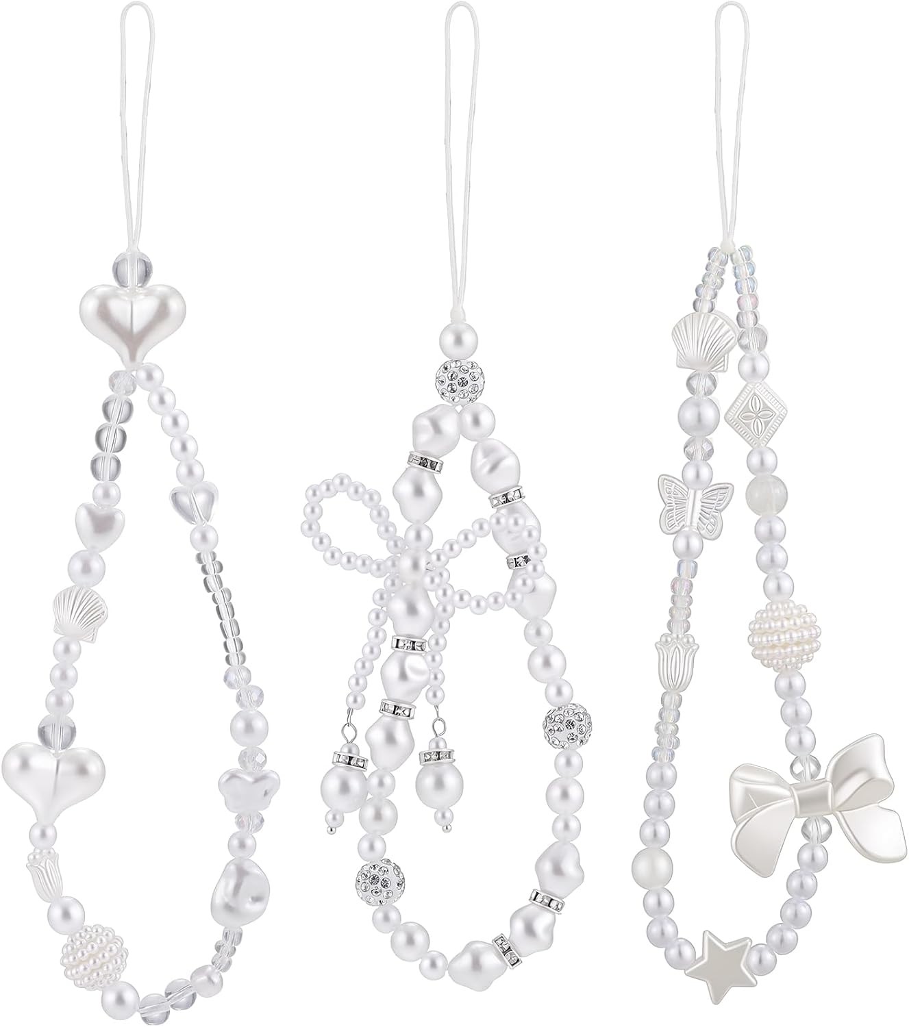 3 Pack Beaded Phone Charms Strap Butterfly Bow Pearl Wrist Lanyard for Women