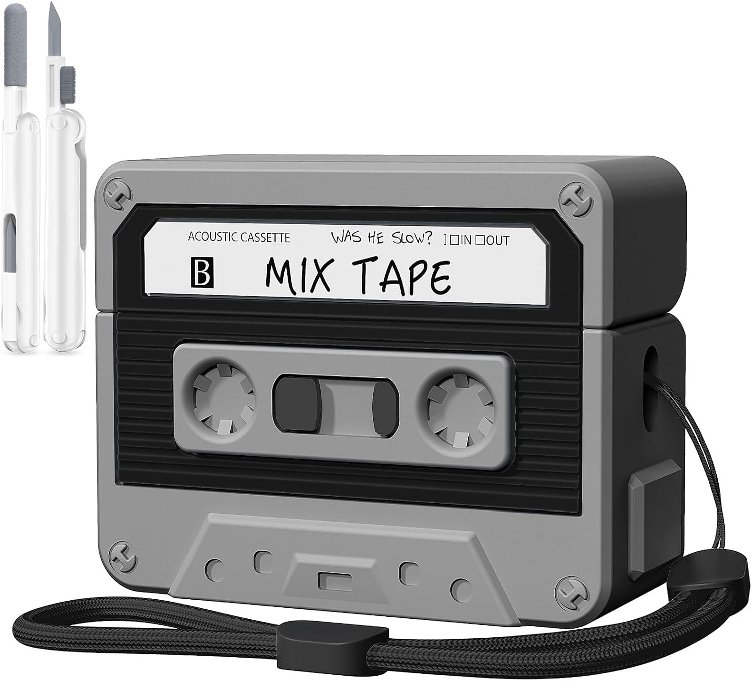 Funny Cassette Tape Design Case Cover for AirPods Pro 2nd/1st Gen, Black Silicon