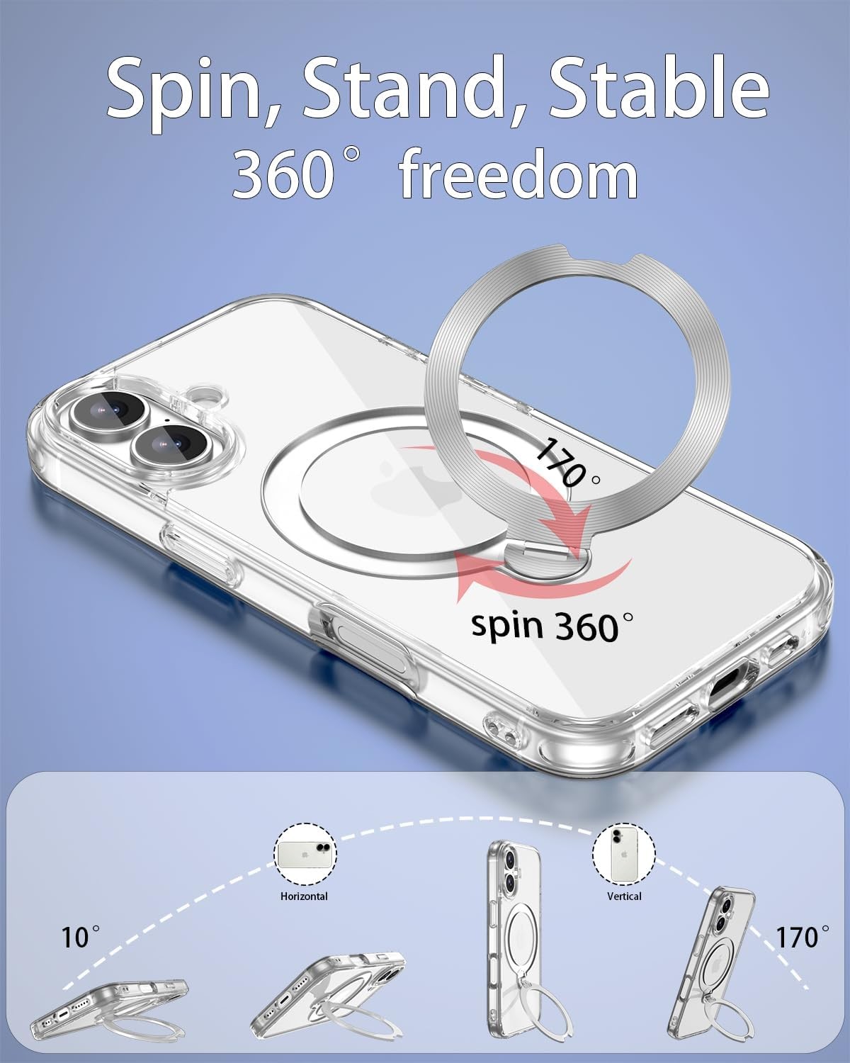 iPhone 17 Case Clear with 360°Spin Magnetic Stand, Military-Grade Slim Cover