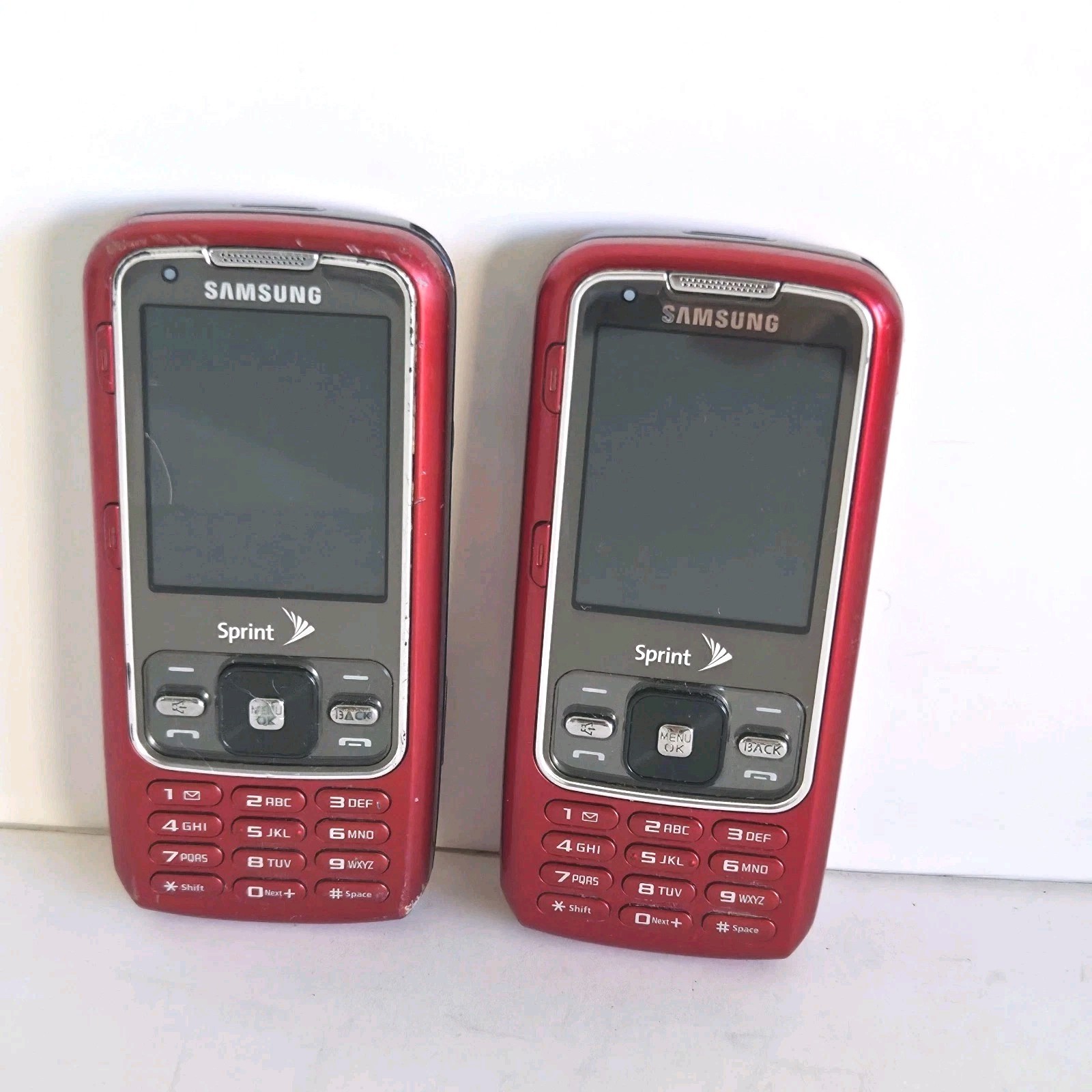 (2) Samsung Rant M540 Slide Out QWERTY Keyboard Sprint Red Flip Phone POWERS ON