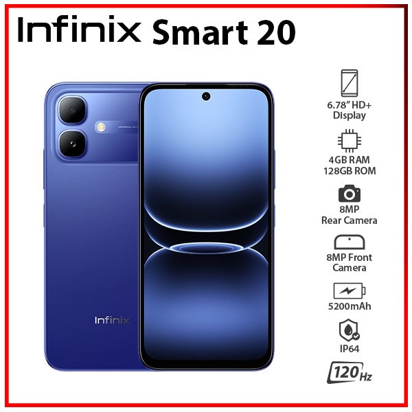 (New) Infinix Smart 20 4GB+128GB BLUE Dual SIM Unlocked Android Cell Phone