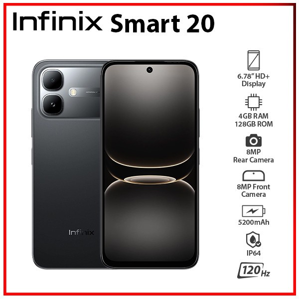(New) Infinix Smart 20 4GB+128GB BLACK Dual SIM Unlocked Android Cell Phone