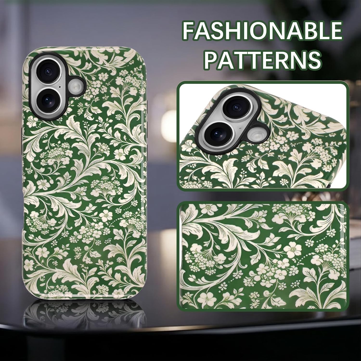2in1 Case Designed for iPhone 17, Cute Vintage Green Flower Pattern for Girls Wo