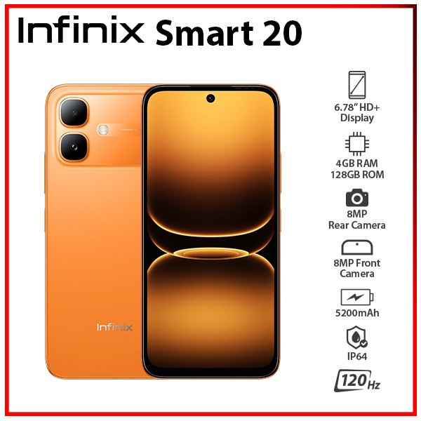 (New) Infinix Smart 20 4GB+128GB ORANGE Dual SIM Unlocked Android Cell Phone