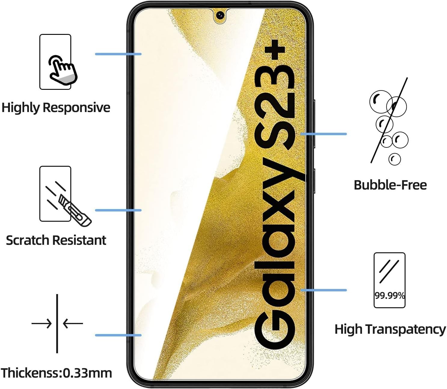 3 Pack Tempered Glass Screen Protectors for Samsung Galaxy S23 Plus 6.1″ Bubble