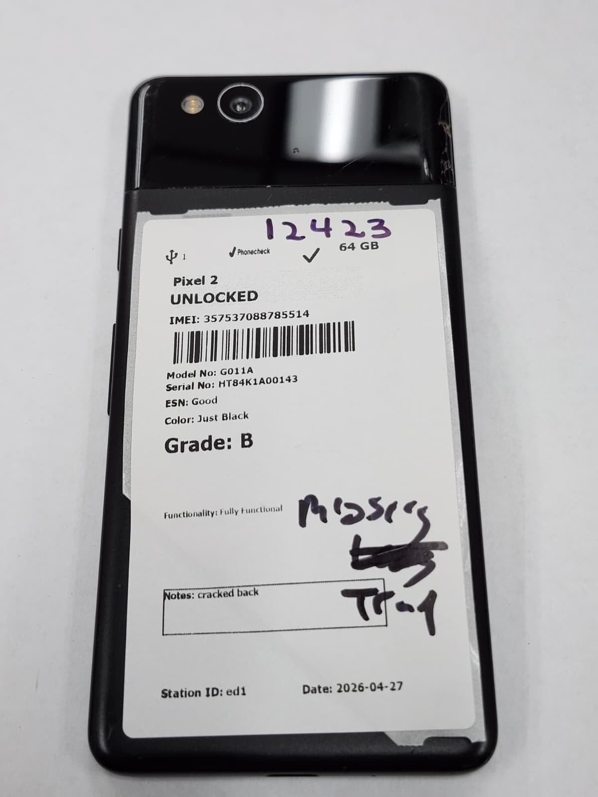 DEFECTIVE – Google Pixel 2 – 64 GB – Black – Unlocked – G011C – 12423