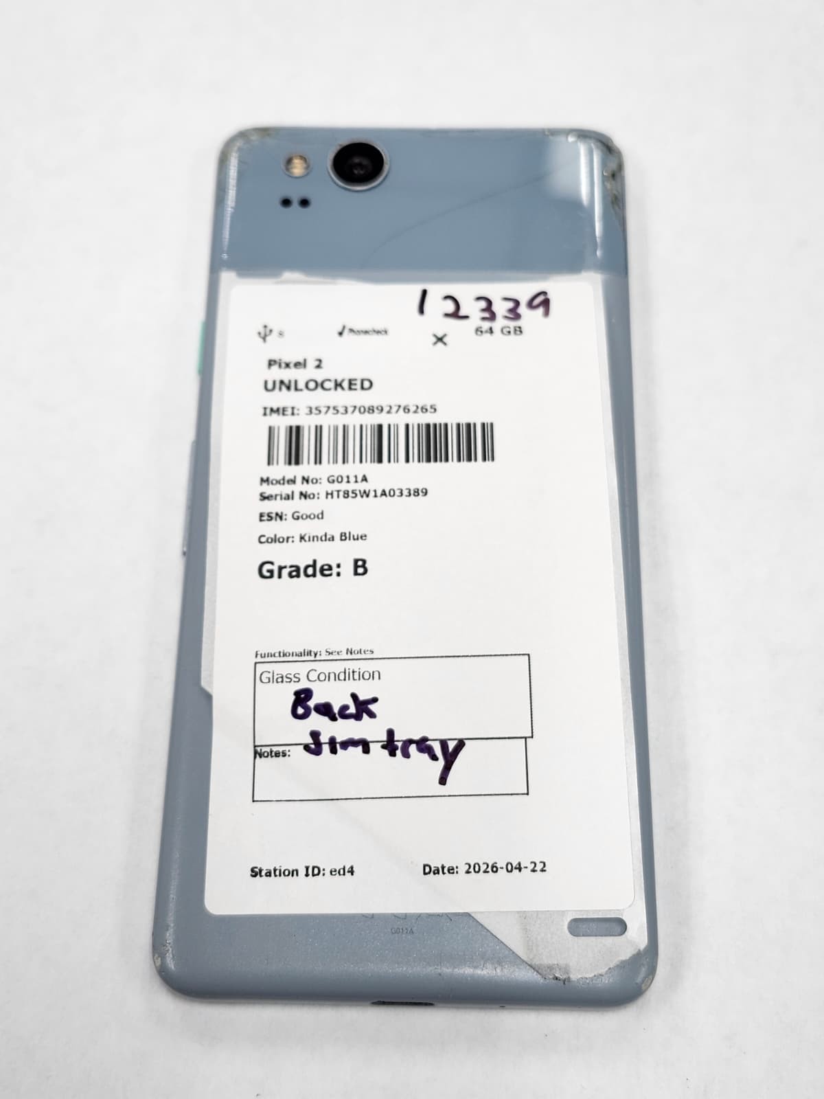 DEFECTIVE – Google Pixel 2 – 64 GB – Blue – Unlocked – G011C – 12339
