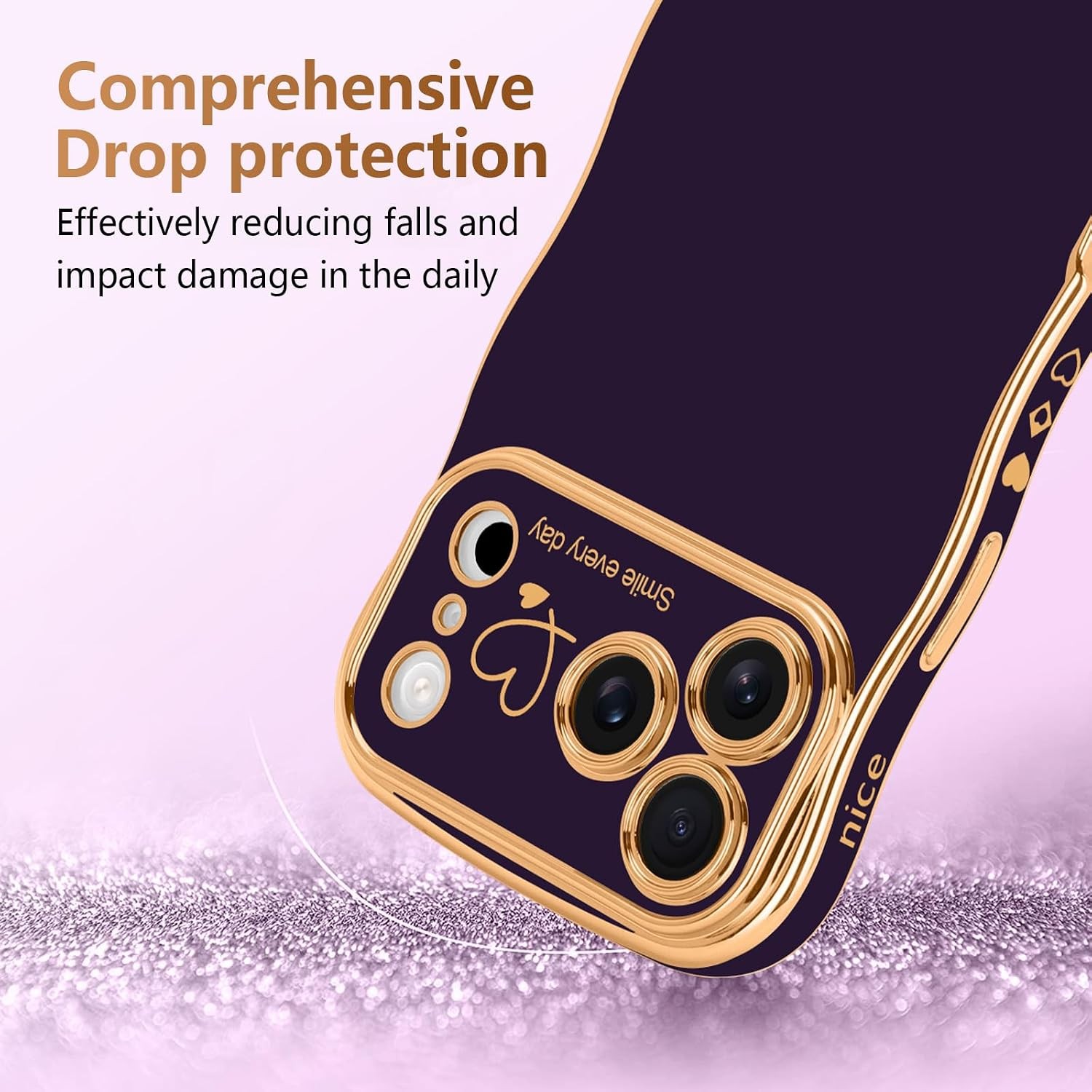 Cute Dark Purple iPhone 17 Pro Max Case for Girls, Wave Frame Curly Design