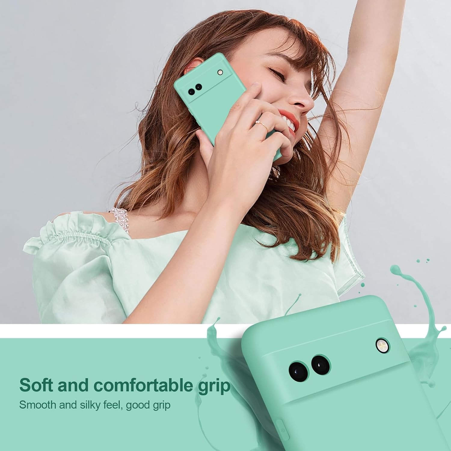 Mint Green Soft Silicone Case for Google Pixel 6A, Slim Shockproof Cover with Ca
