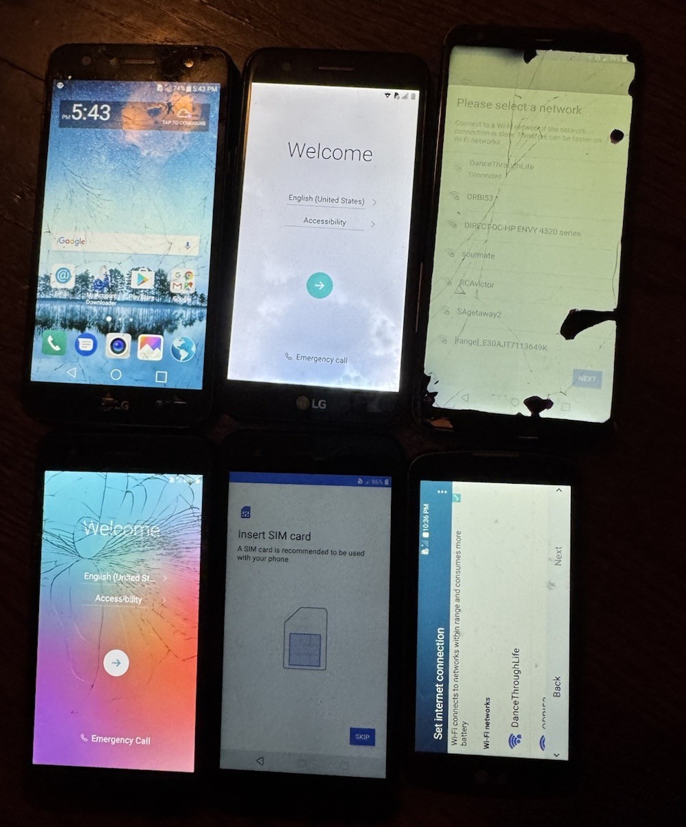 ONE Works Lot of 6 LG K8 K20 STYLO Phoenix 4 L16vl L44VL Smartphone Broken Ship