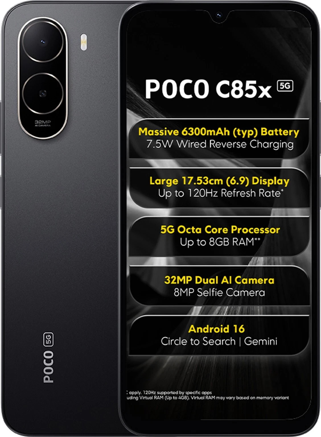POCO C85x 5G (128 GB, 4 GB RAM, Black) Unisoc T8300 6.9″ Global Version.