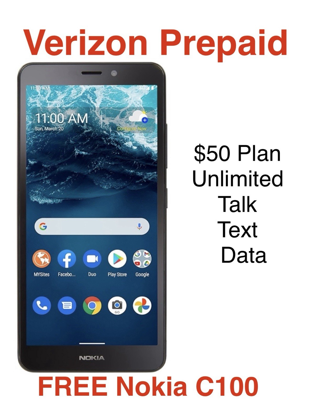 Prepaid Verizon 🎉FREE NOKIA C100, 32GB Preloaded $50 plan Talk Text data