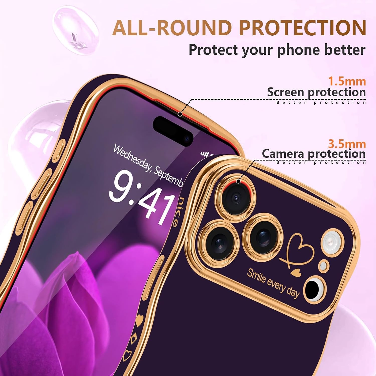 Cute Dark Purple iPhone 17 Pro Max Case for Girls, Wave Frame Curly Design