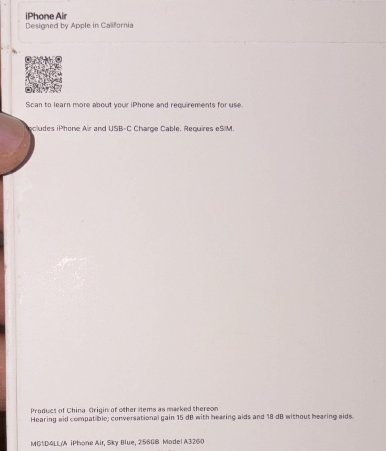 Apple iPhone Air Sky Blue 256GB USB-C eSIM Model A3260 MG1D4LL/A