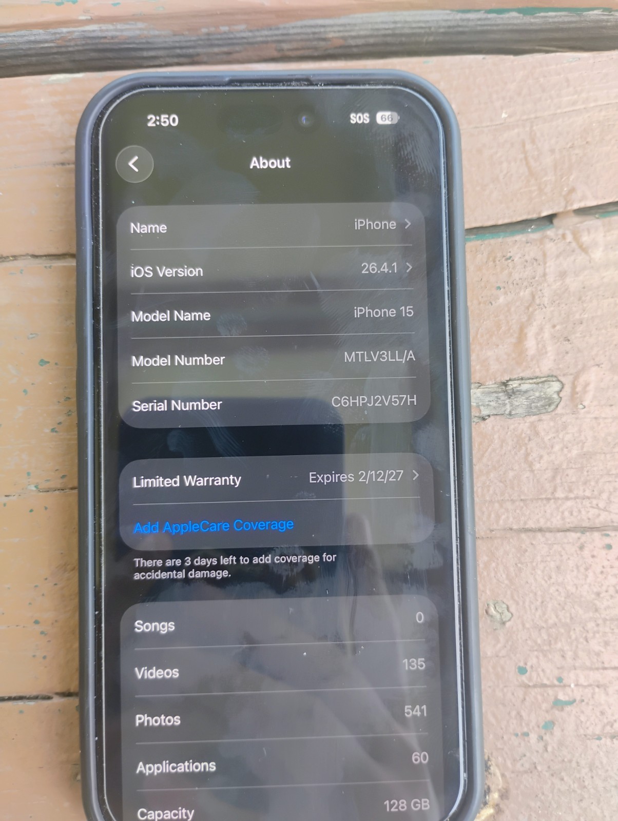 Apple iPhone 15 Black 128GB iOS 26.4.1 Smartphone Bluetooth GPS Bar