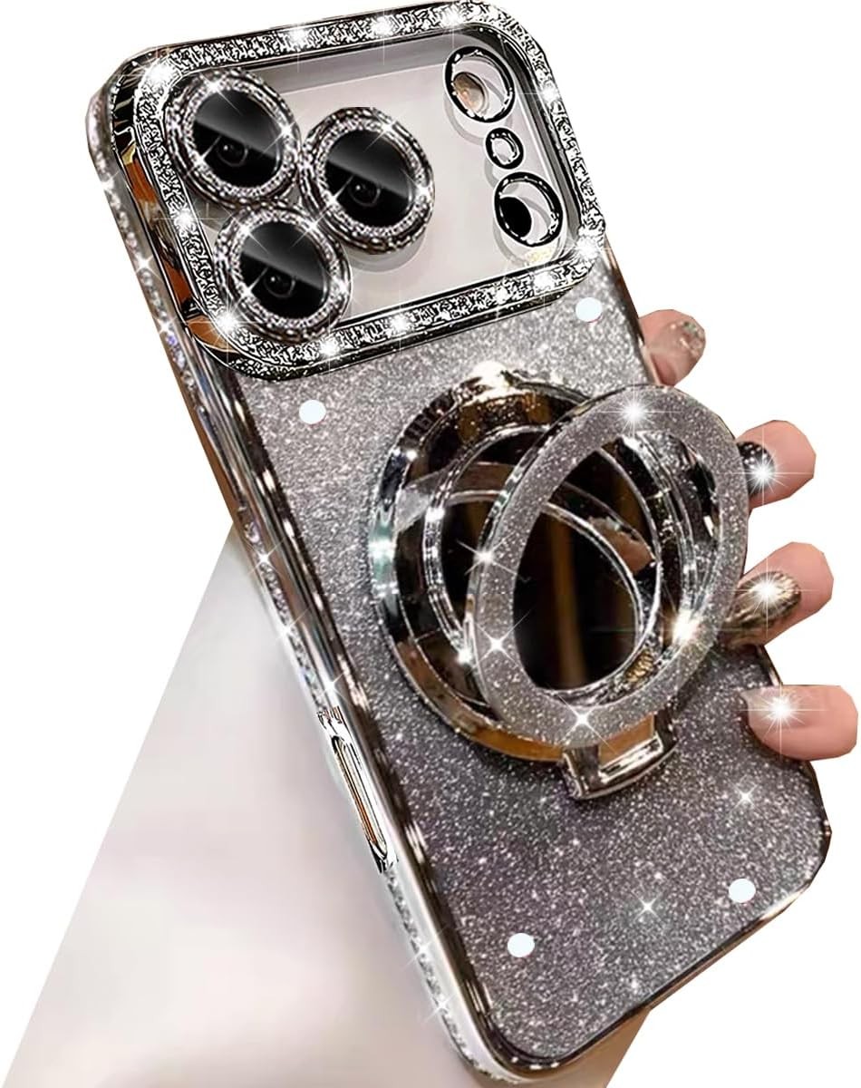 Magnetic Kickstand Glitter Case for iPhone 17 Pro Max, Cute Bling Sparkly Rhines
