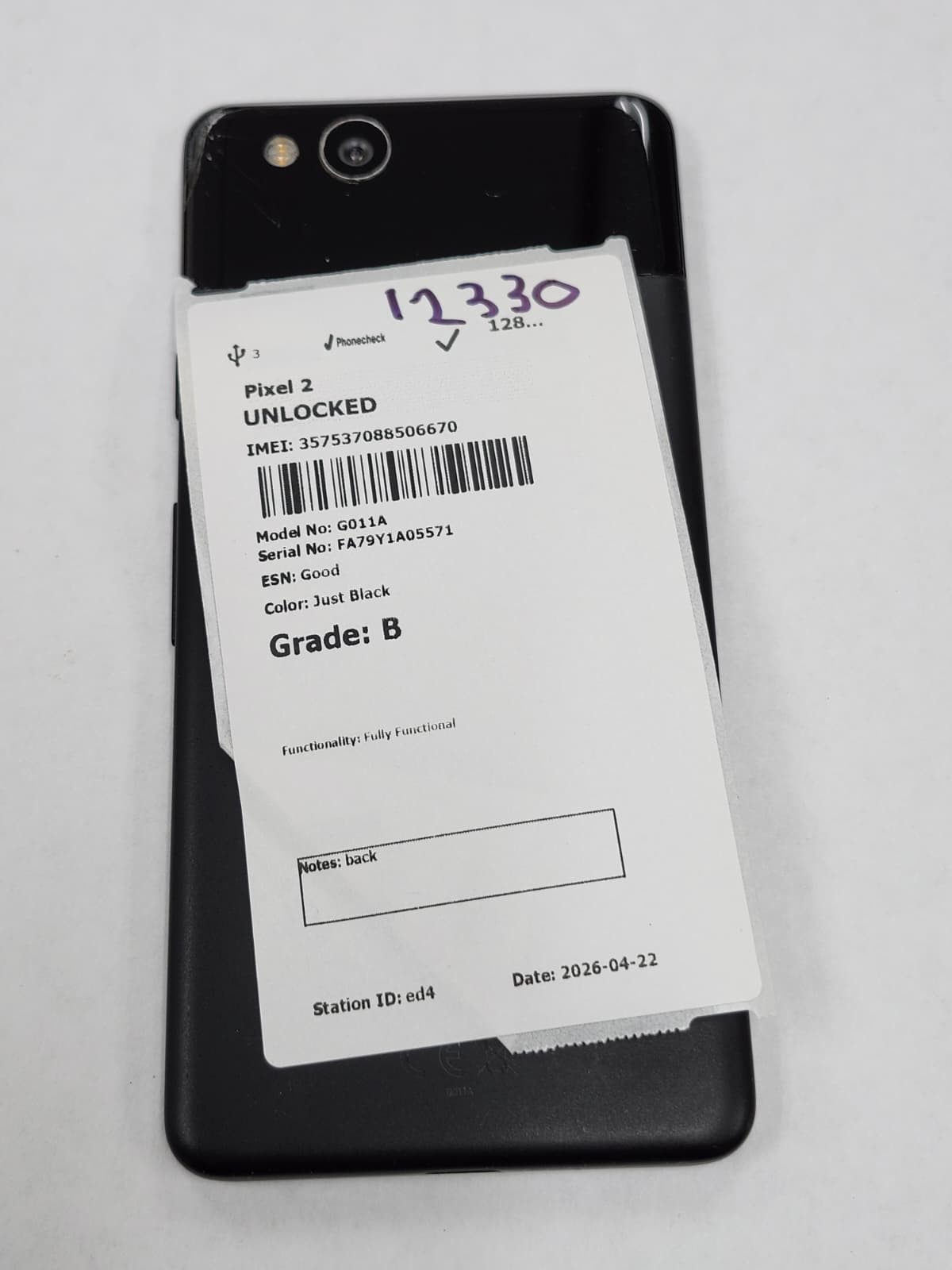 DEFECTIVE – Google Pixel 2 – 128GB – Black – Unlocked – G011C – 12330