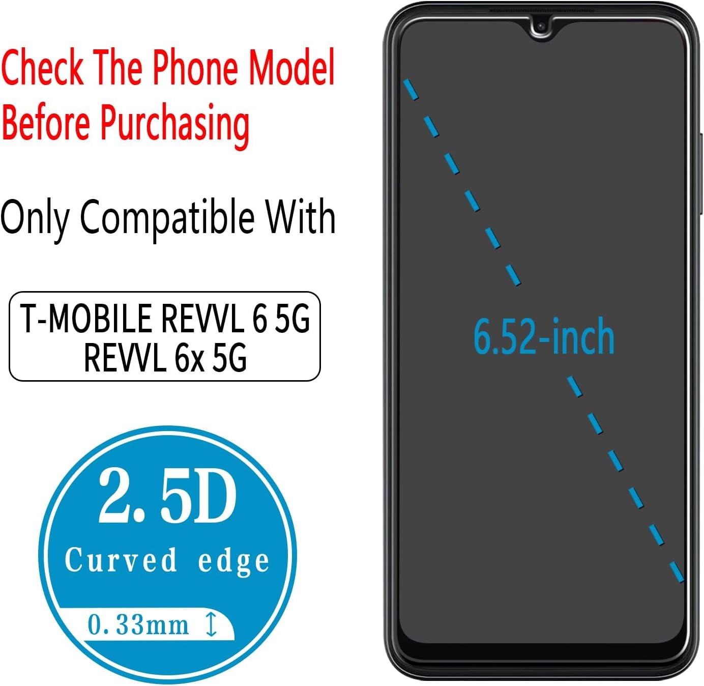 2 Pack Tempered Glass Screen Protectors for T-MOBILE REVVL 6 5G & REVVL 6x 5G
