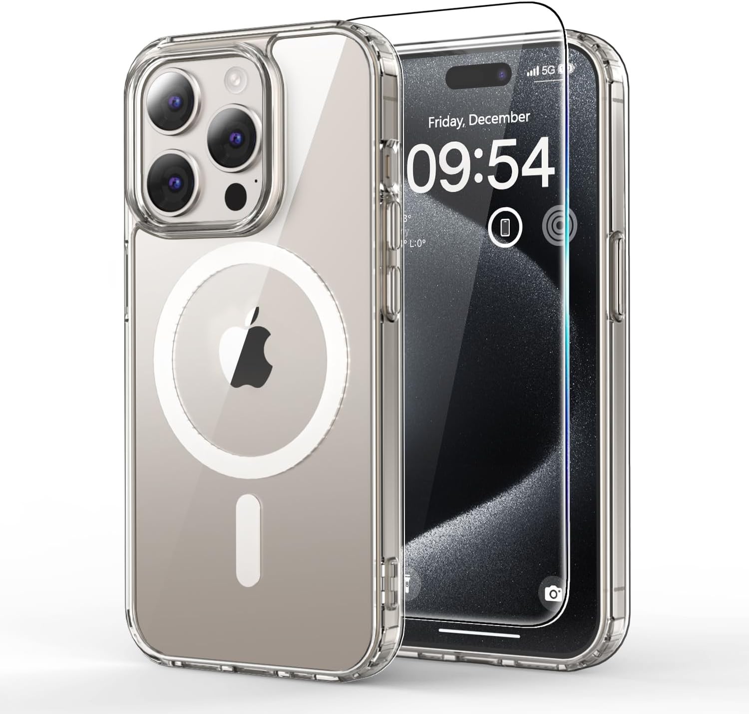 iPhone 15 Pro Max Clear PC Back + TPU Bumper Case, Shock-Absorbing Corners, Stra