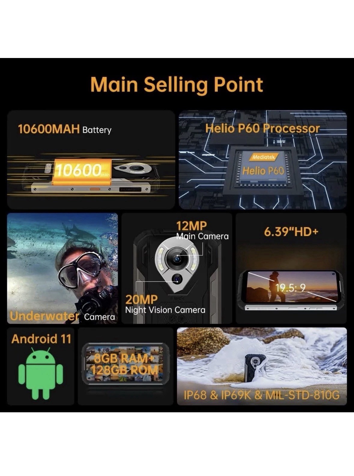 OUKITEL WP16 Rugged Smartphone 10600mAh 128GB+8GB IP68 NFC GPS Unlocked Black Uk