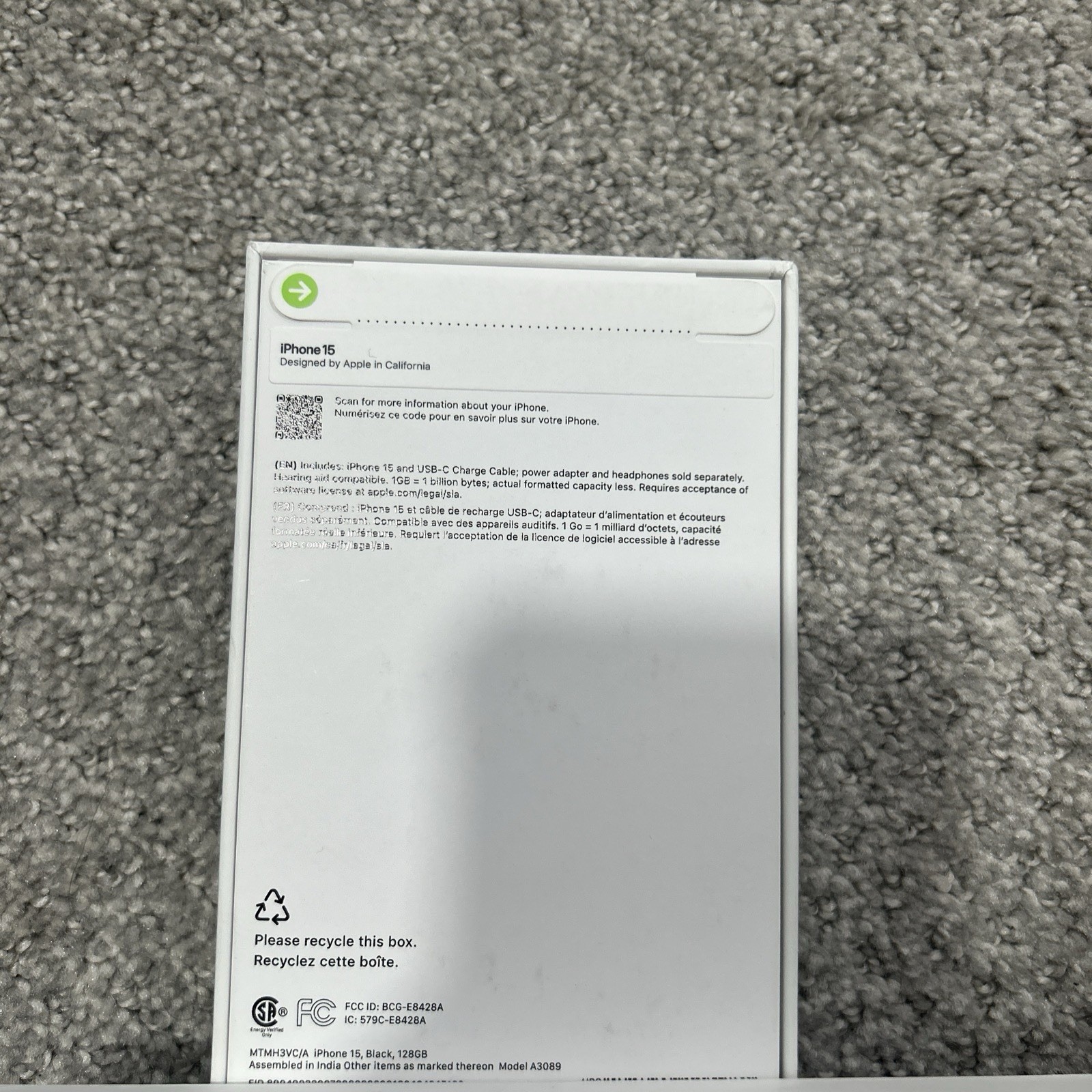 iPhone 15 128g Black Model A3089. Brand New Factory Seal