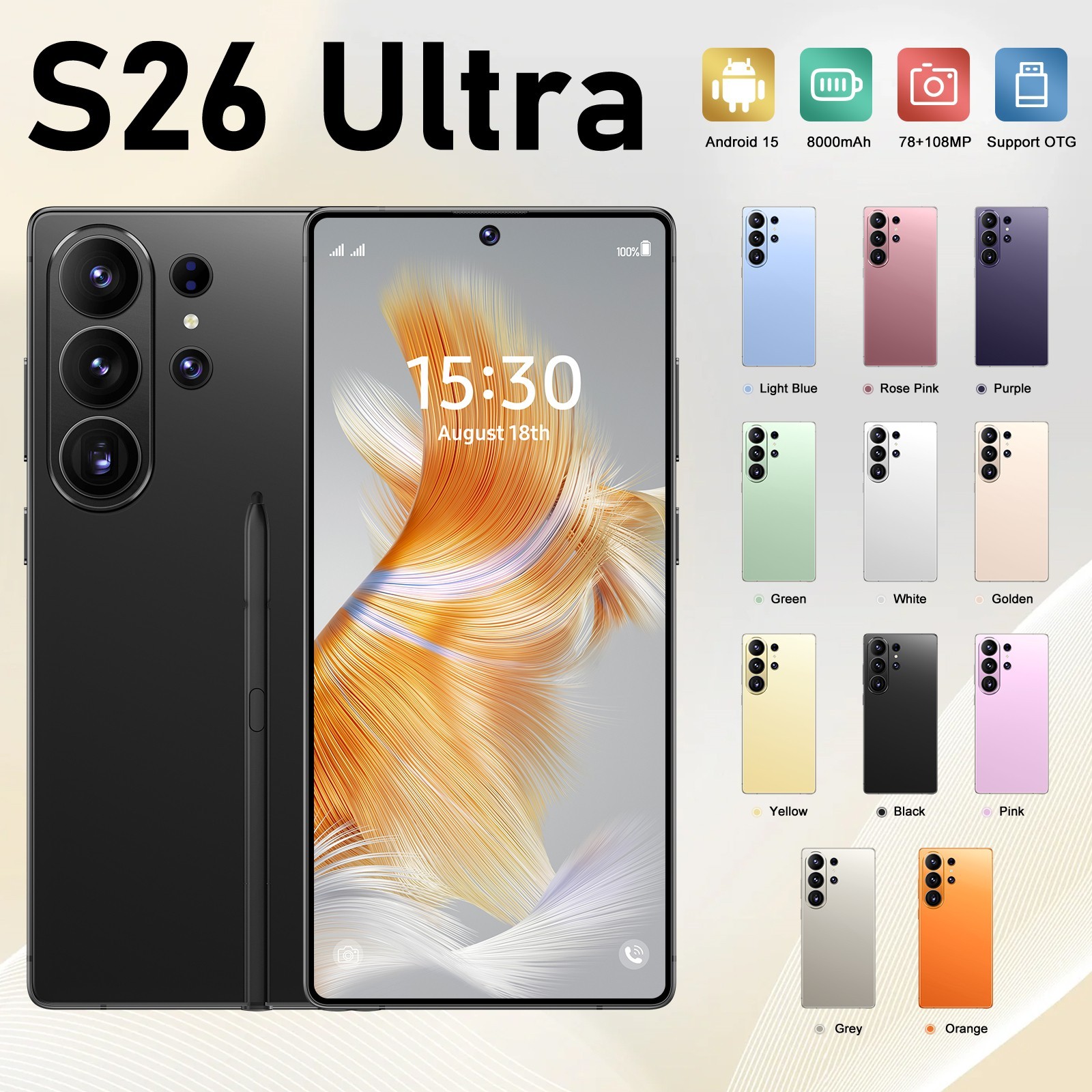S26 Ultra 5G Smartphone 7.3″ Unlocked Android 15 8GB+256GB Cellphone Dual SIM