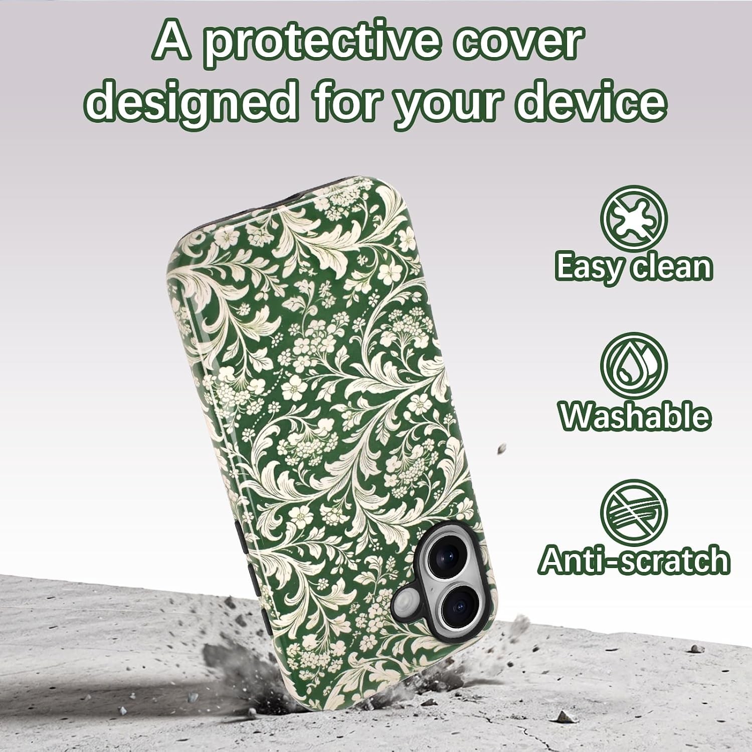 2in1 Case Designed for iPhone 17, Cute Vintage Green Flower Pattern for Girls Wo