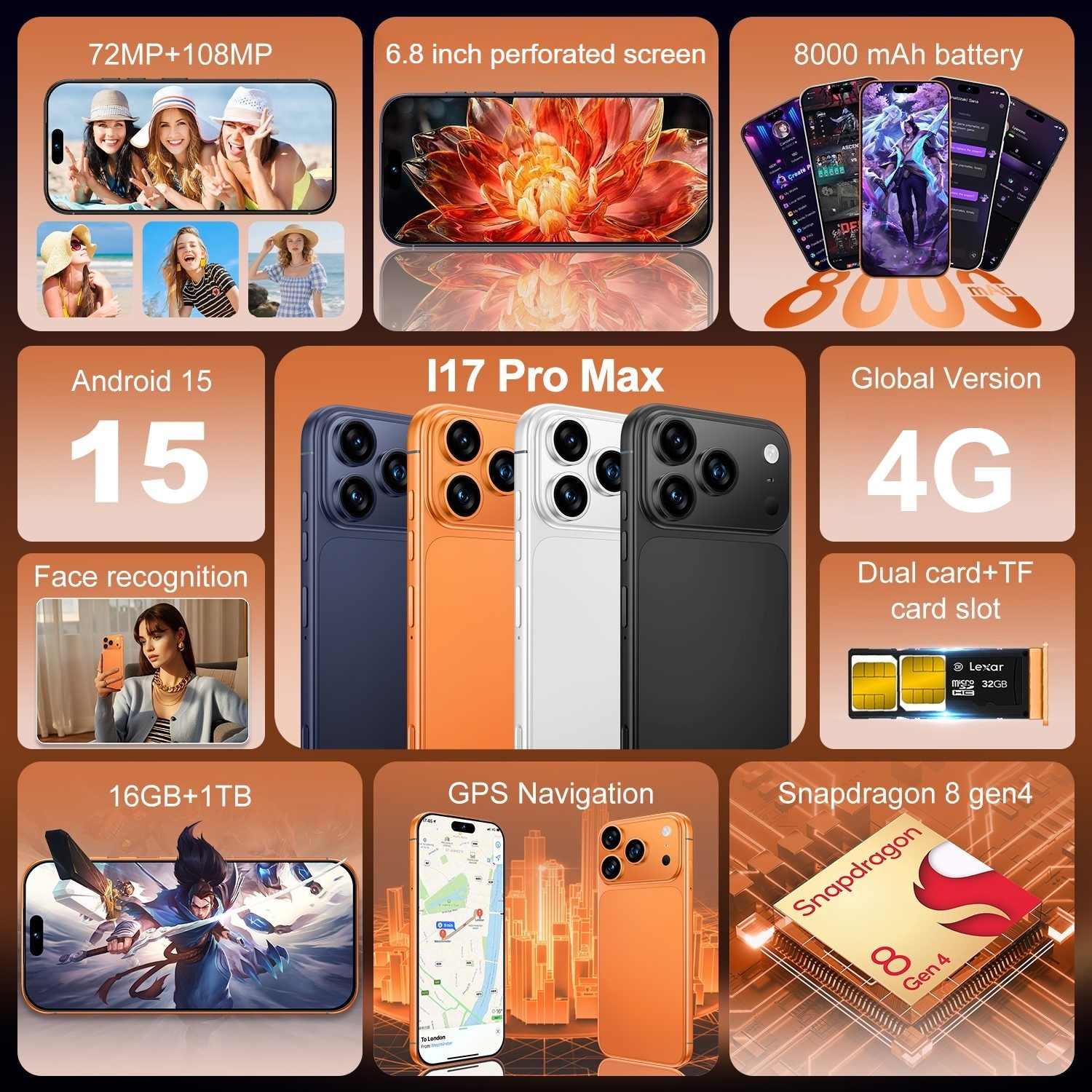 NEW I17 Pro Max Android Smartphone Global Unlocked 6.8″ HD 16+1TB 8000mAh Gifts
