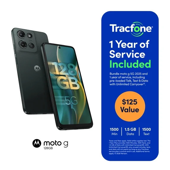 Motorola Moto G2025, 5G, 128GB, Gray, Includes Tracfone 1 Year $125 Service Plan