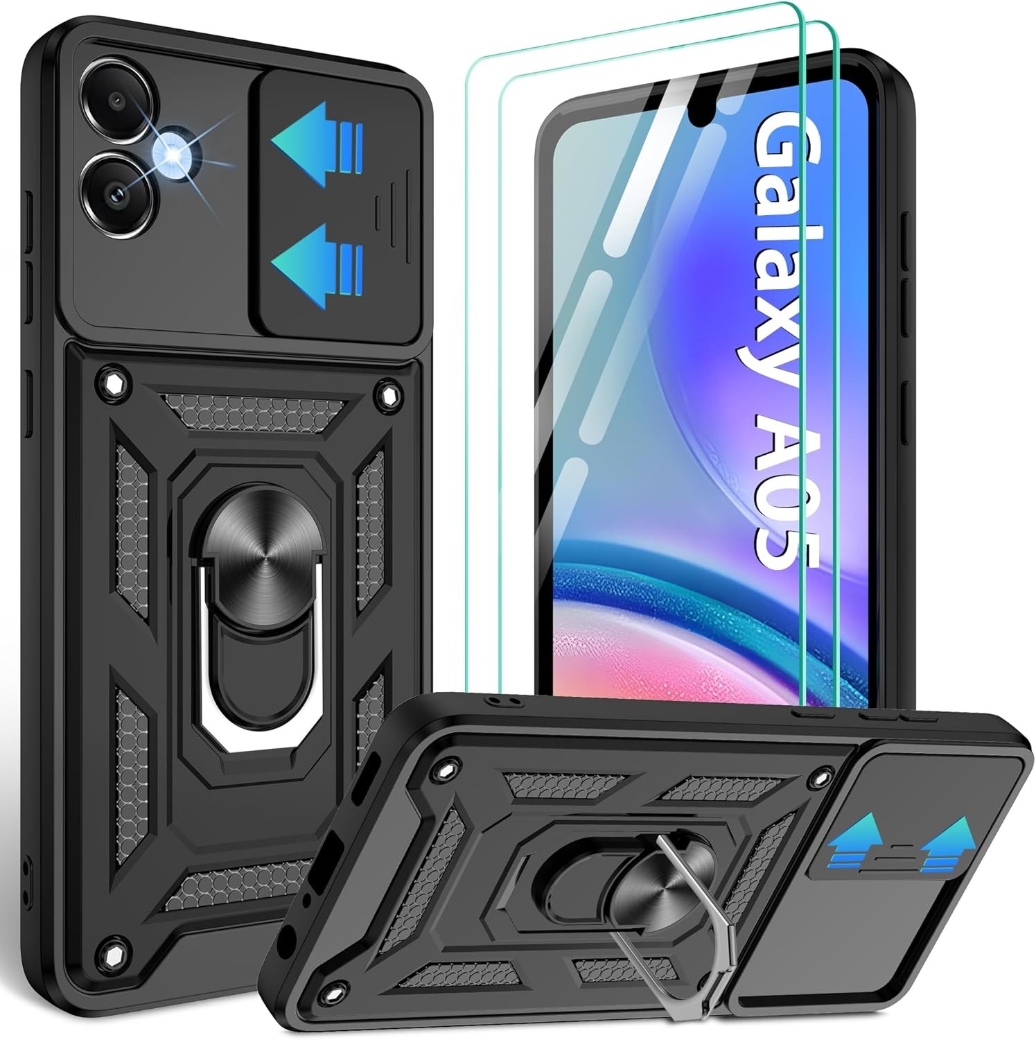 Samsung Galaxy A05 Case with Screen Protector, Slide Camera Cover, 360° Kickstan