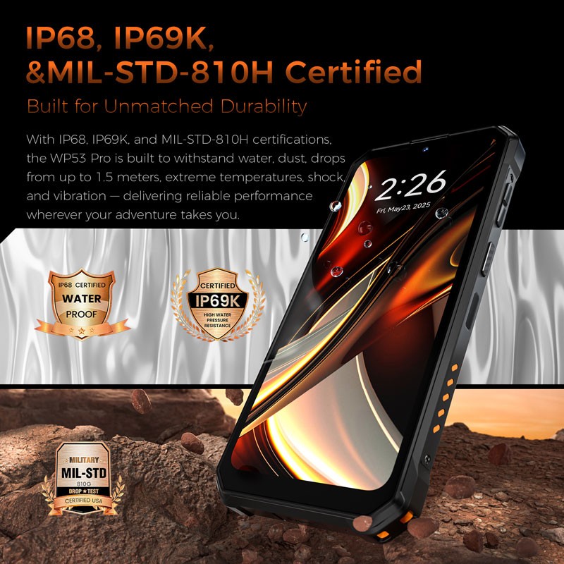 OUKITEL WP53 PRO 4G LTE Rugged Phone Android 15 Mobile Waterproof Camping Light