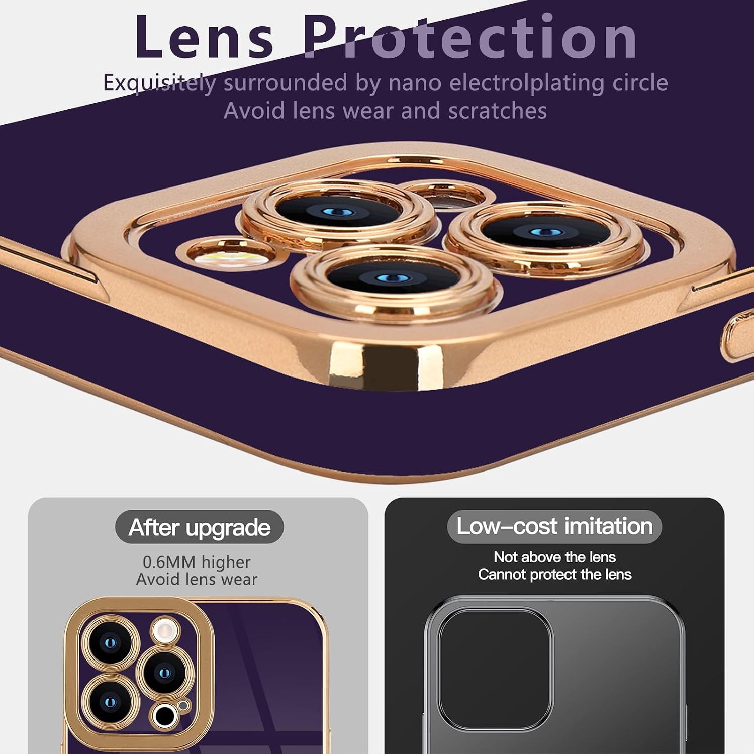 Cute Luxury Plating TPU Bumper Cover Case for iPhone 13 Pro Dark Purple Edge