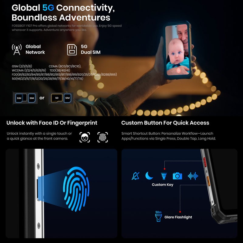 FOSSiBOT F107 PRO 5G Rugged Phone Android Starlight Night Vision 512GB 28000mAh