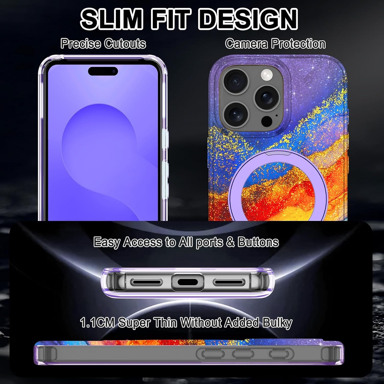 Slim Matte Wavy Frame Case for iPhone 16 Pro Max 6.9″, Orange/Blue, MagSafe Comp