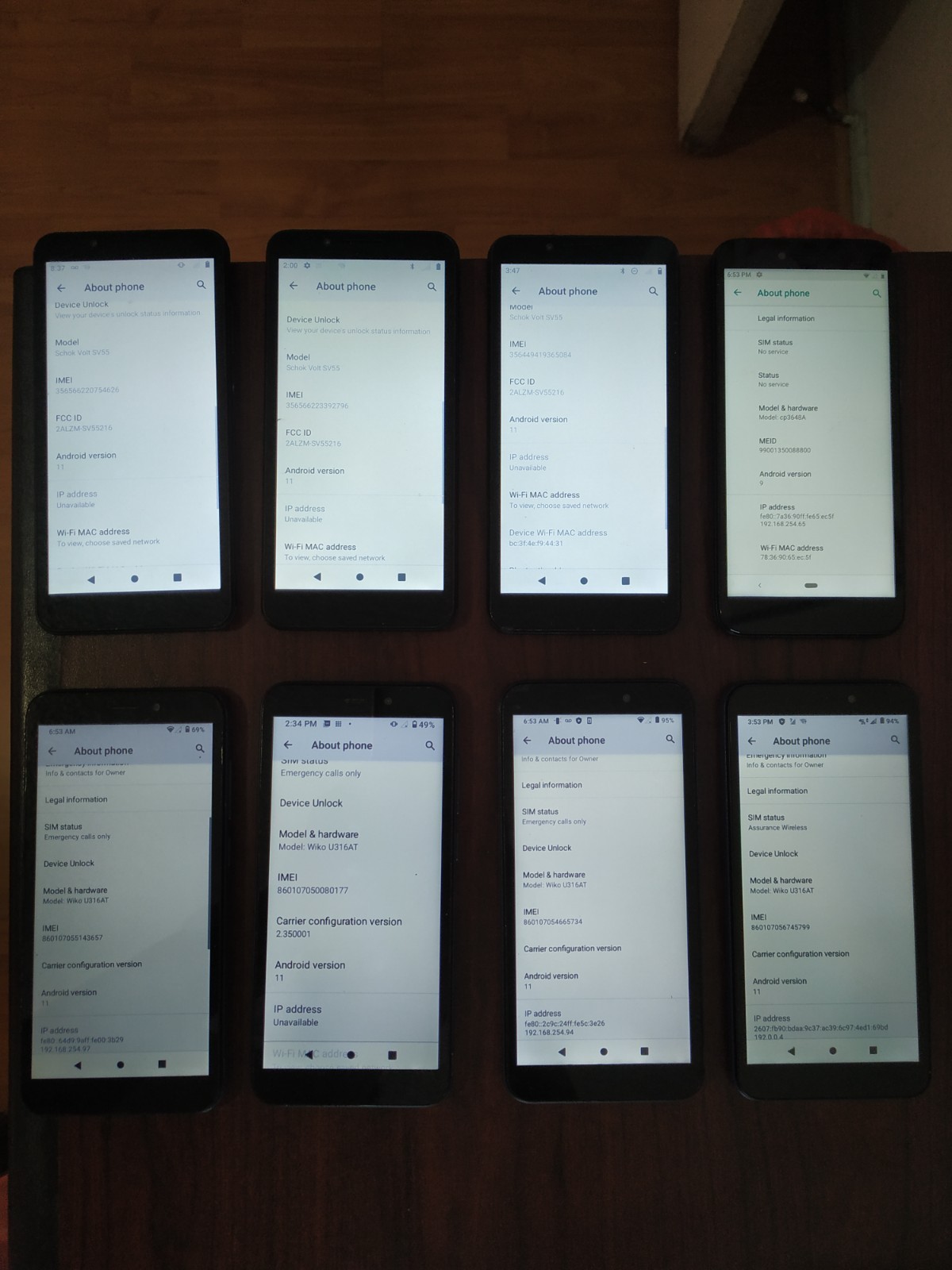 Lot of 8 Wiko U316AT (4pc)/Schok Volt SV55(3pc)/Coolpad Legacy S CP3648A 16GB