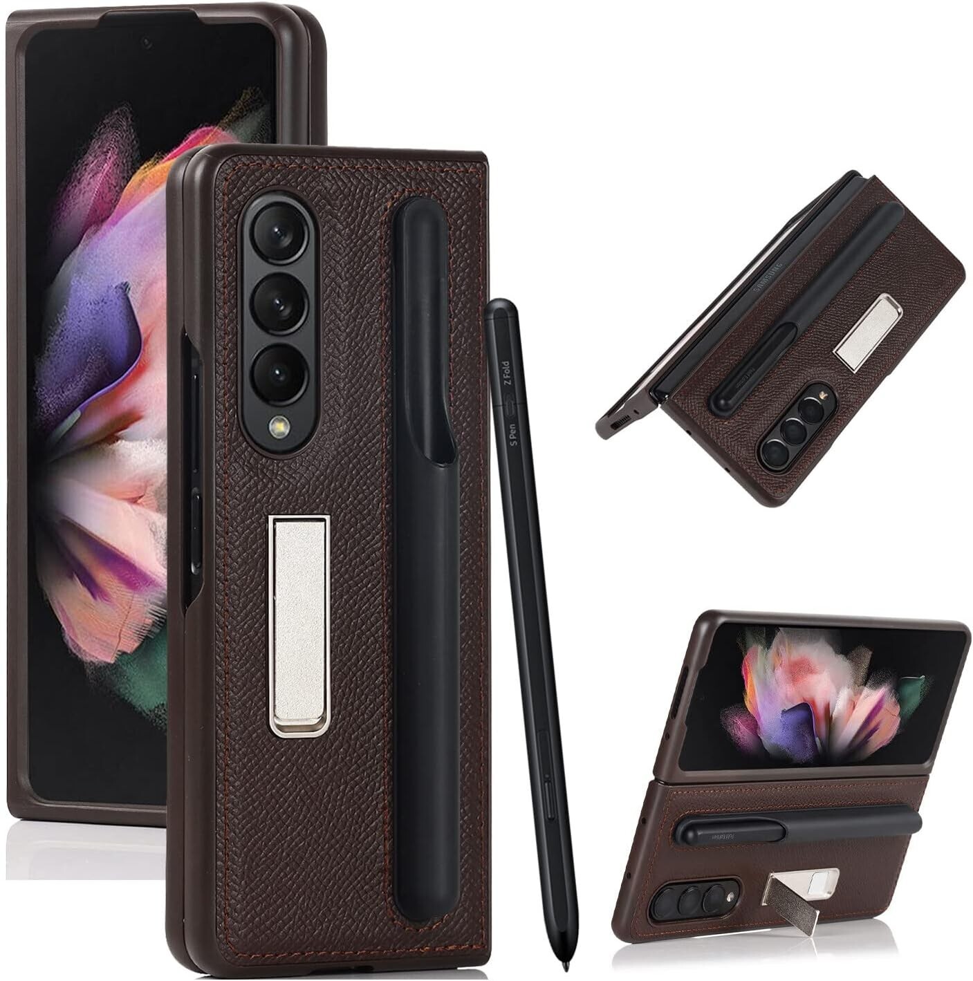 for Galaxy Z Fold 3 Case Magnetic Kickstand Shockproof with S Pen Holder 360