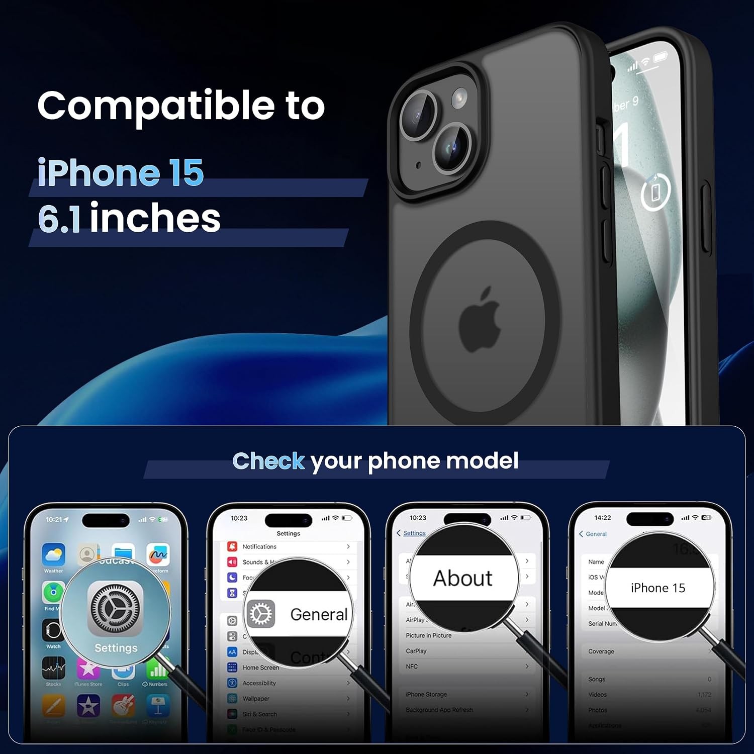 Magnetic Case for iPhone 15 6.1 inch, Matte Black | Anti-Scratch, Not Yellowing