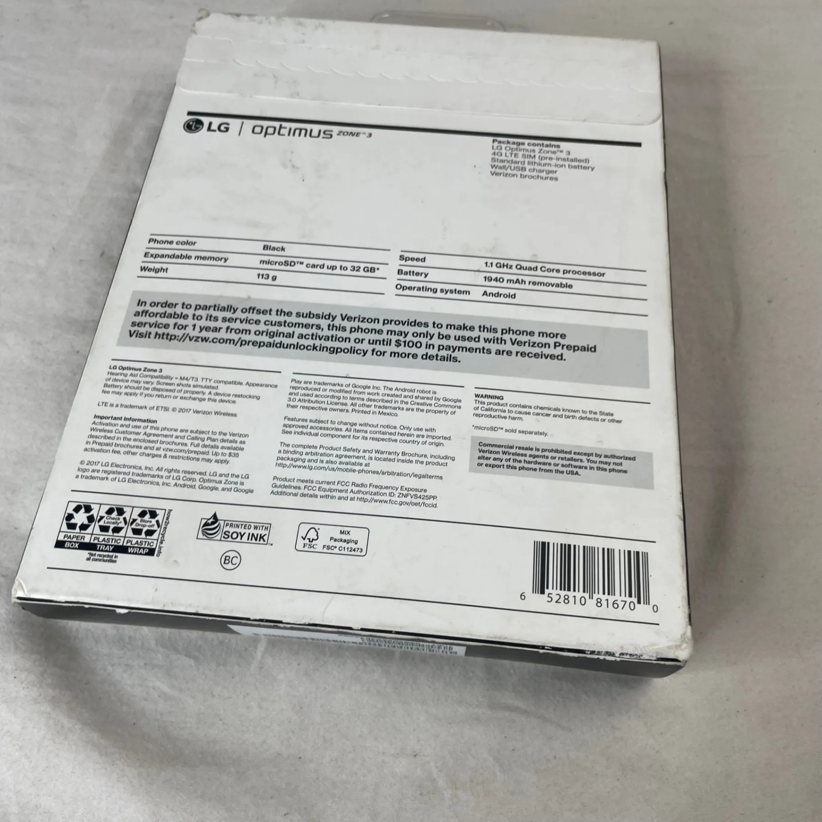 LG Optimus Zone 3 Verizon Prepaid Smartphone 8GB Black No Contract New Sealed
