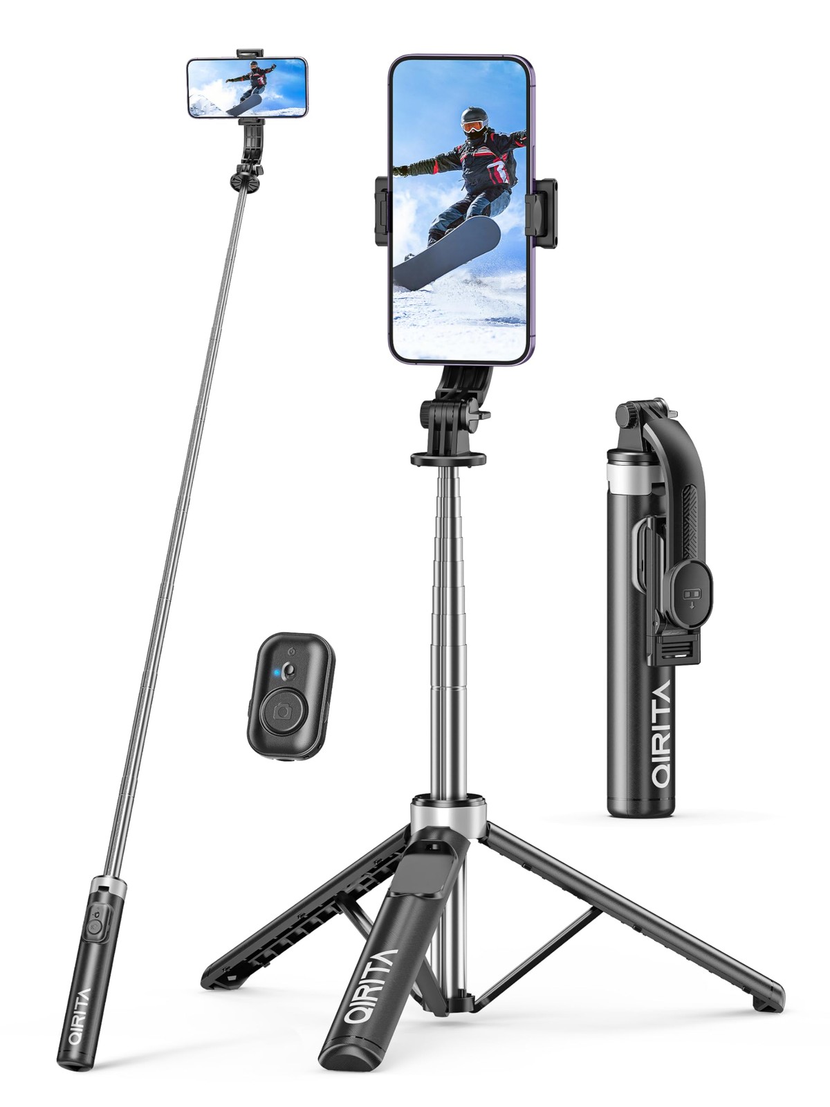 52 Inch All in 1 Selfie Stick Phone Tripod Stainless Steel Pole Stand Black