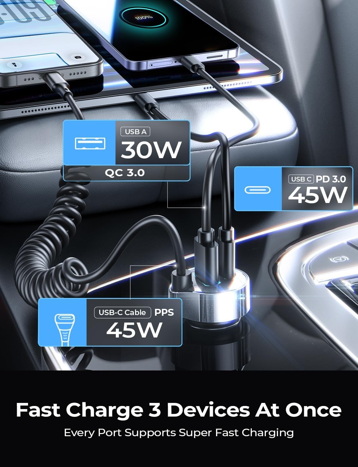 90W USB-C Fast Car Charger for iPhone 17/16/15 Pro Max