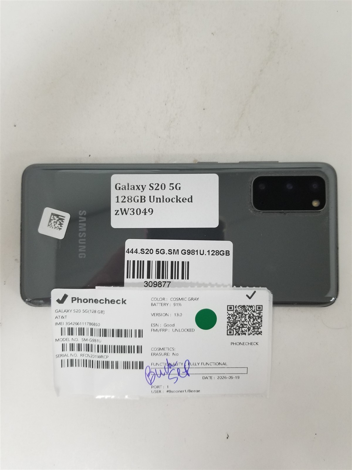 Samsung Galaxy S20 5G 128GB Gray SM-G981U (Unlocked) Discounted zW3049
