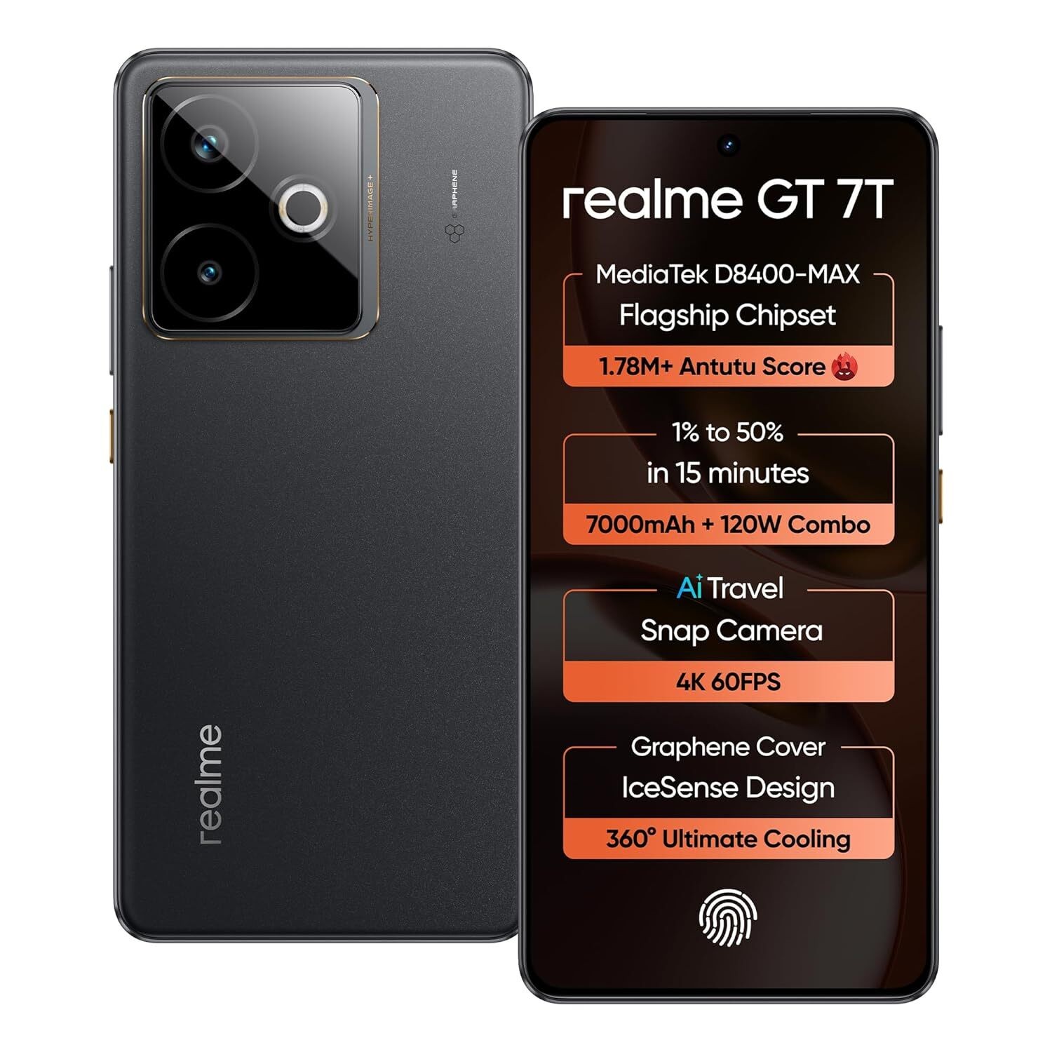 realme GT 7T 5G (Black,12GB+512GB) MediaTek D8400 MAX 6.8″ NFC Global Version.